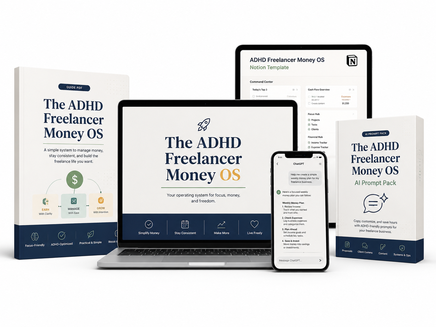 The ADHD Freelancer Money OS — implementation guide, dashboard, and AI weekly review shown on tablet and phone